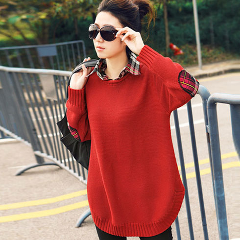 薇蓮紅色襯衫領寬松版針織衫