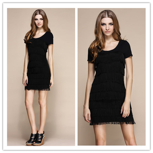 城市部落純色圓領短袖修身流蘇裙