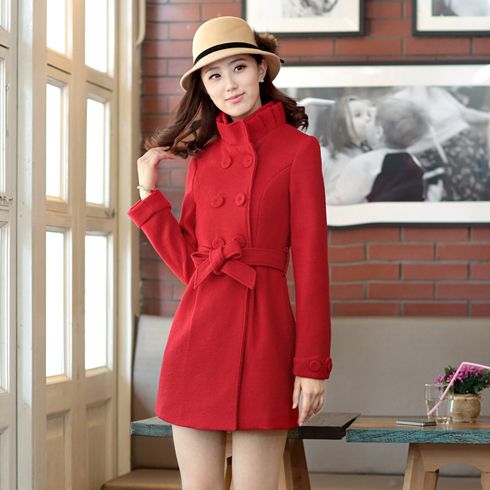 韓版百褶立領雙排扣長袖大紅色毛呢外套