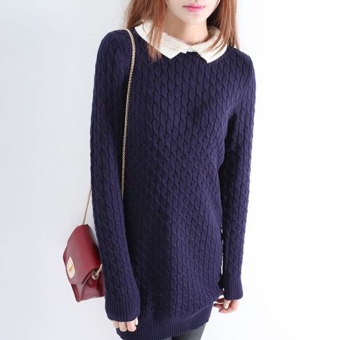 娃娃領(lǐng)蕾絲翻邊加厚中長(zhǎng)款套頭針織毛衣