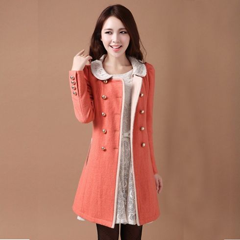修身雙排扣釘珠圓領羊毛呢子大衣