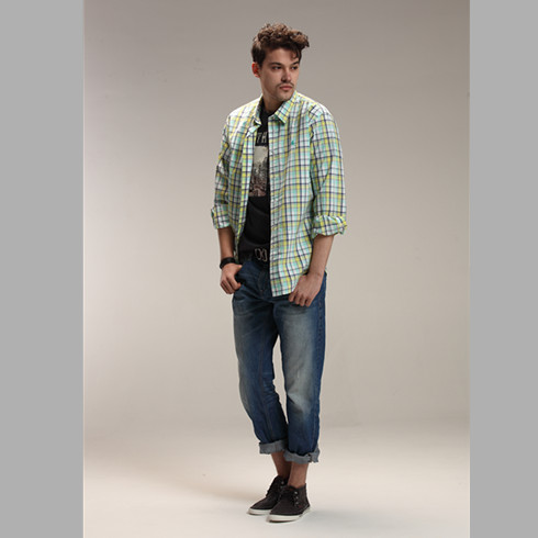 POLOJIANI休閑服裝-藍綠大格紋經典商務休閑長袖襯衫