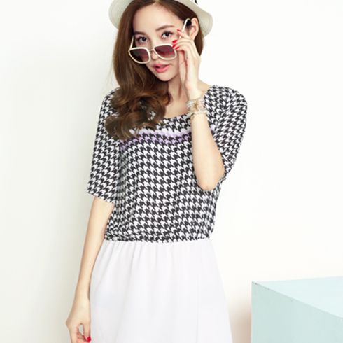 酷庫黑白相間中袖格子短裙