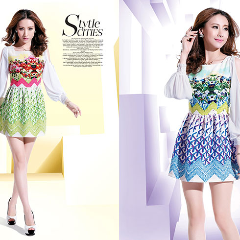 金姿萊女裝產品-天藍色印花枚紅色印花連衣裙