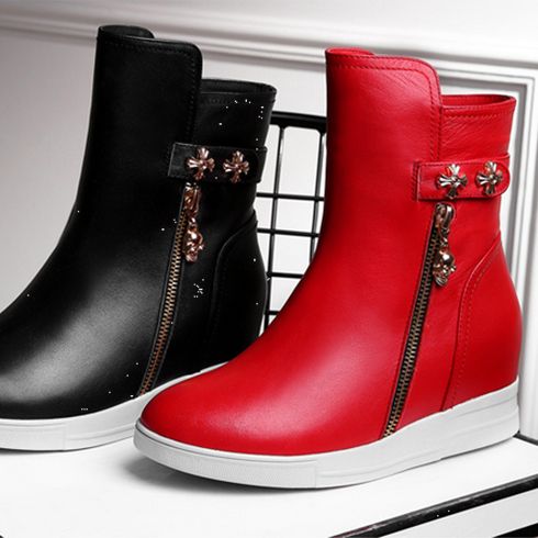 內增高側拉鏈真皮女靴